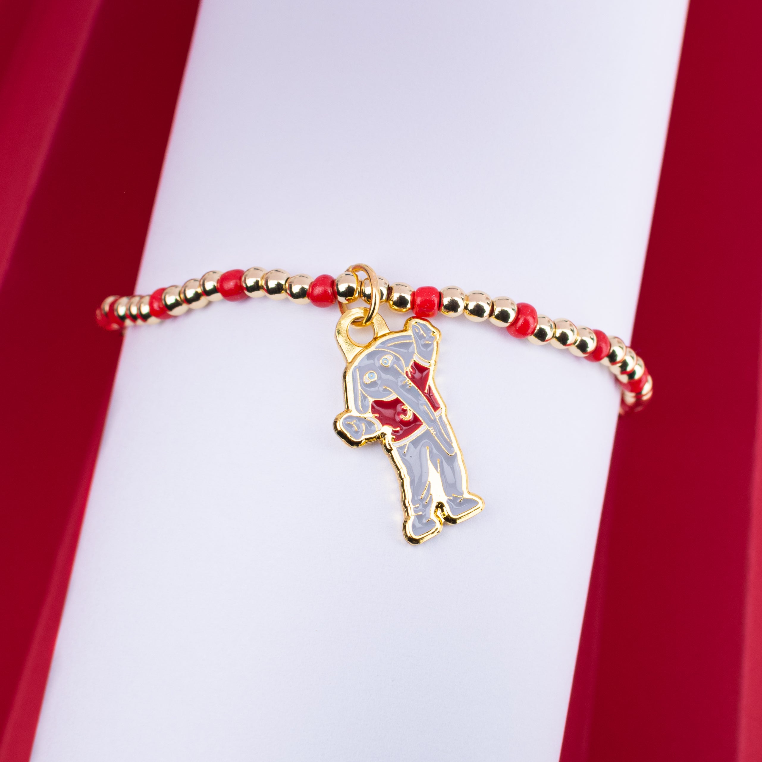 WS - Red and Gold Beaded Bracelet With Big Al Charm