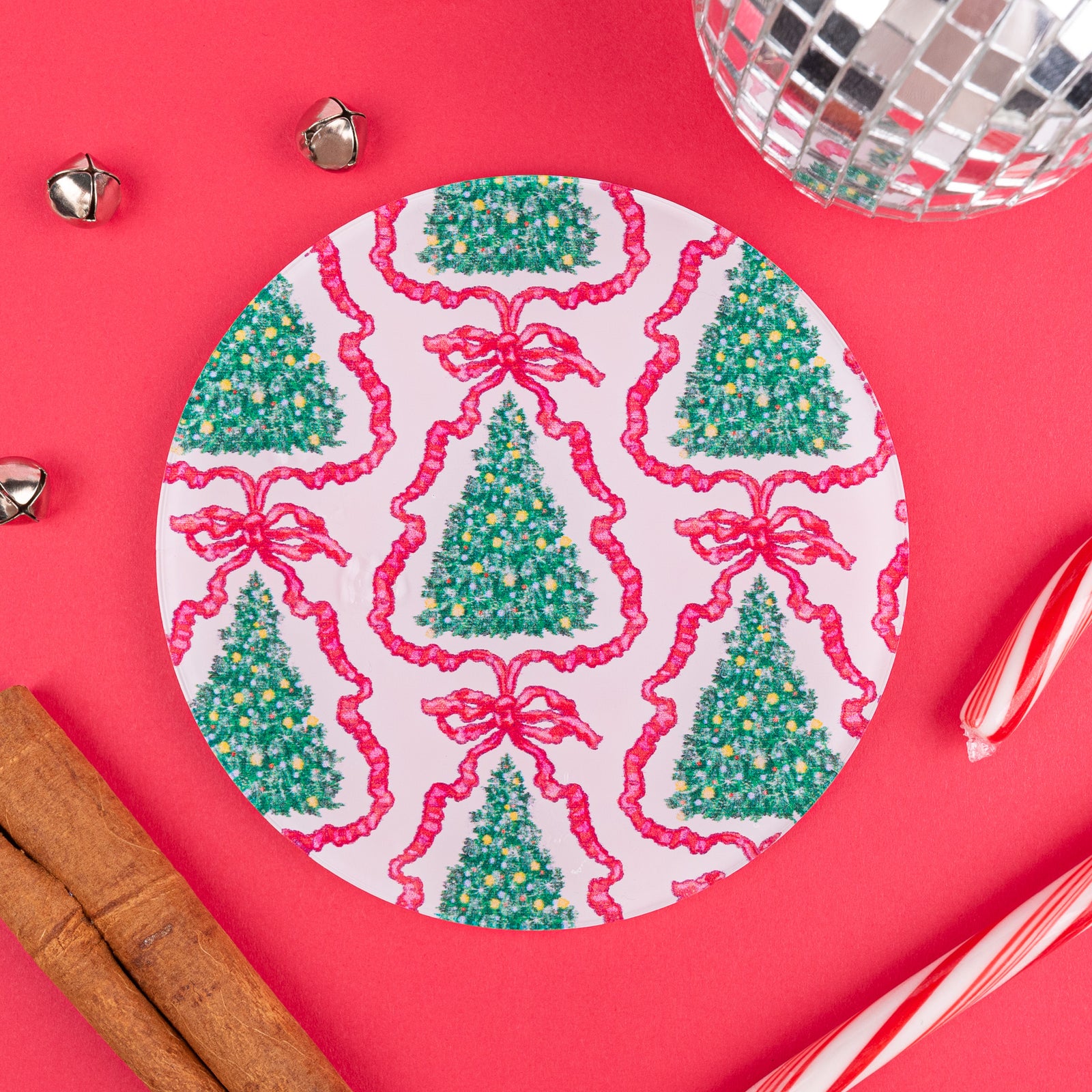 WS - Red Ribbon Tree Coaster Set of 4 coasters (min qty of 3 sets) $20 / $40 per set