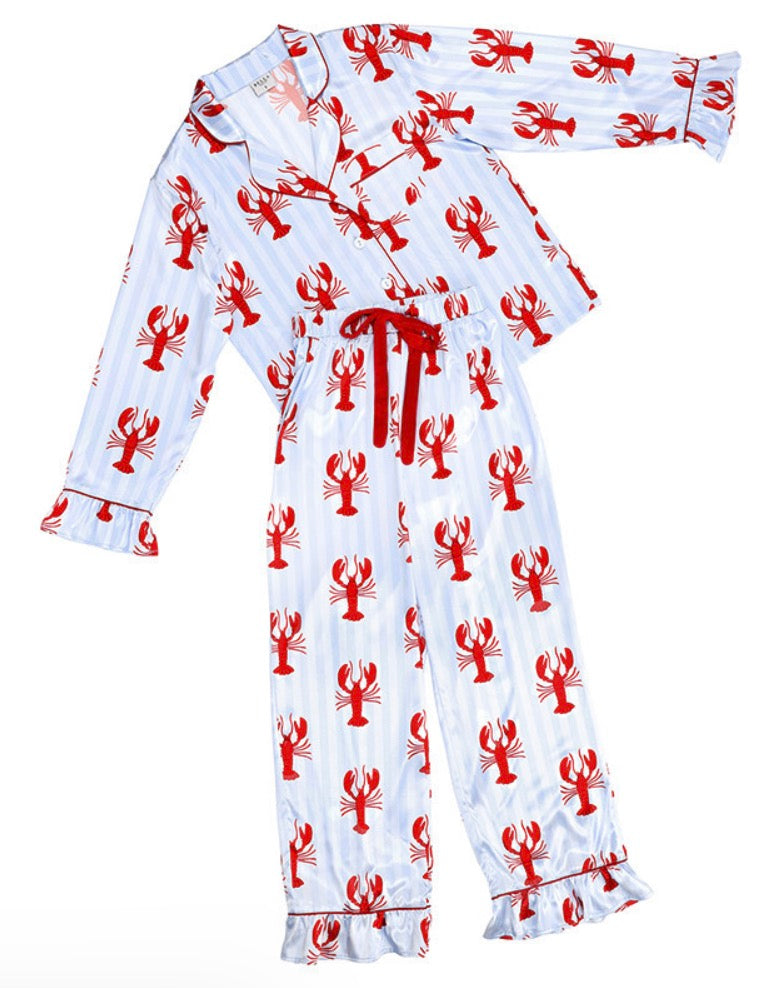 Full-Length Ruffled PJ Set with Velvet Tie - Blue Stripes + Lobsters