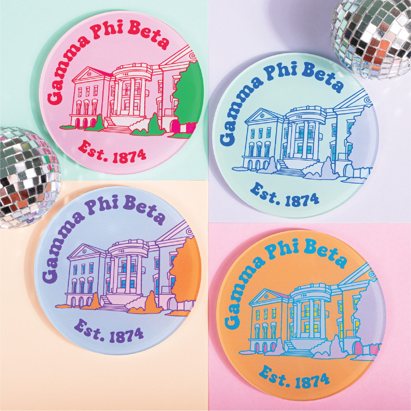 Sorority Acrylic Popart Coasters (Set of 4 - University of Alabama Houses)