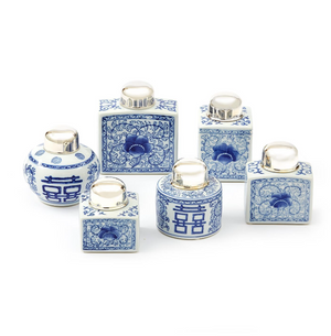 Canton Collection Blue and White Tea Jars with Nickel-Plated Lid - Ceramic/Brass (individual)
