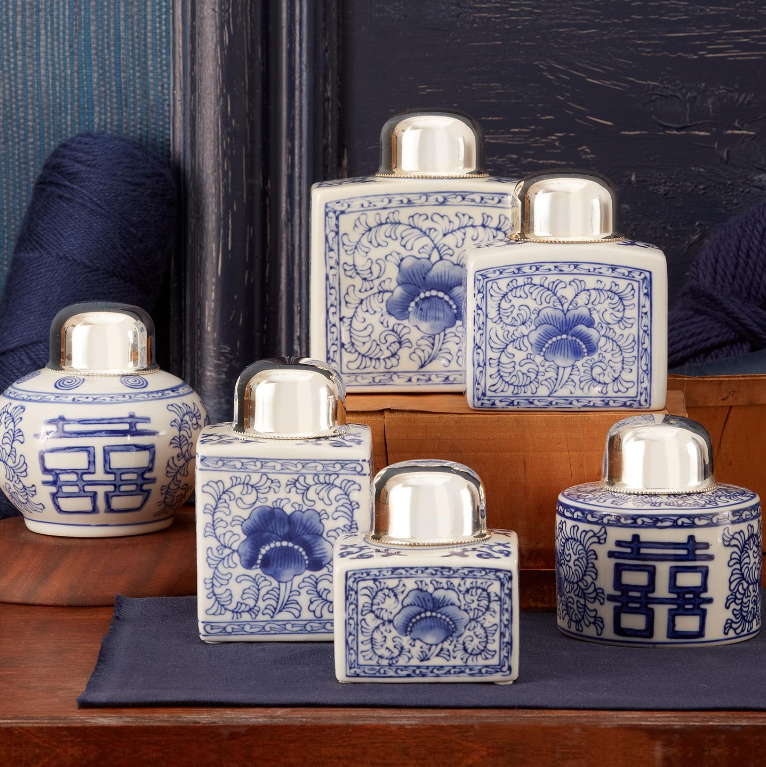 Canton Collection Blue and White Tea Jars with Nickel-Plated Lid - Ceramic/Brass (individual)
