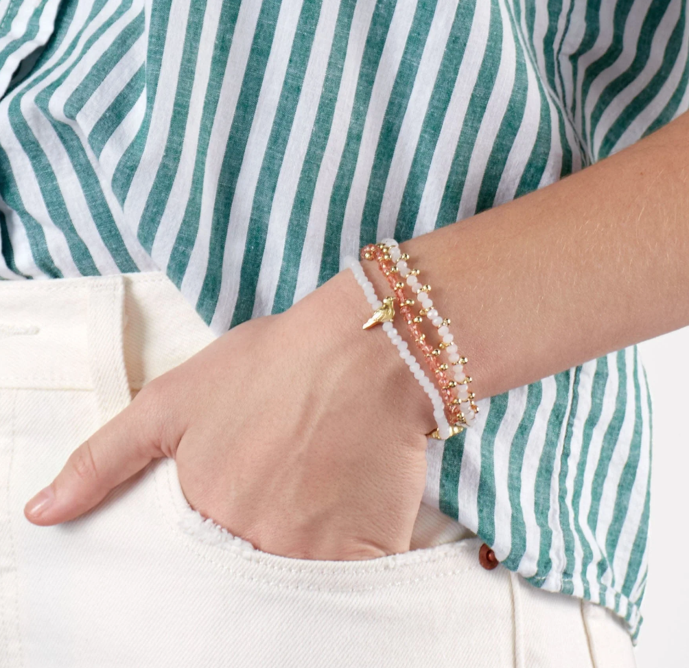 KAMI CRYSTAL WITH BRASS CHARM STRETCH BRACELET BLUSH + GOLD