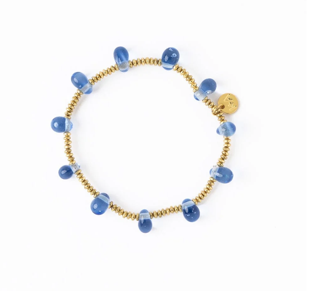 HOPE BRASS STRETCH BRACELET WITH GLASS BEADS BLUE