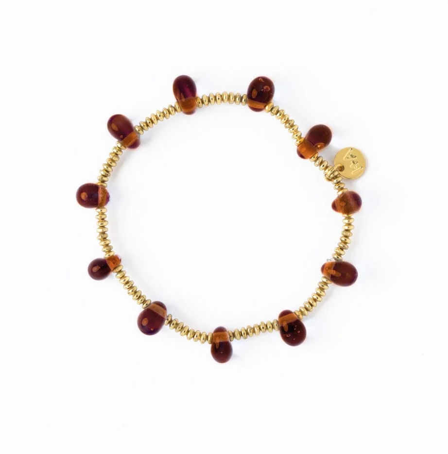 HOPE BRASS STRETCH BRACELET WITH GLASS BEADS AMBER