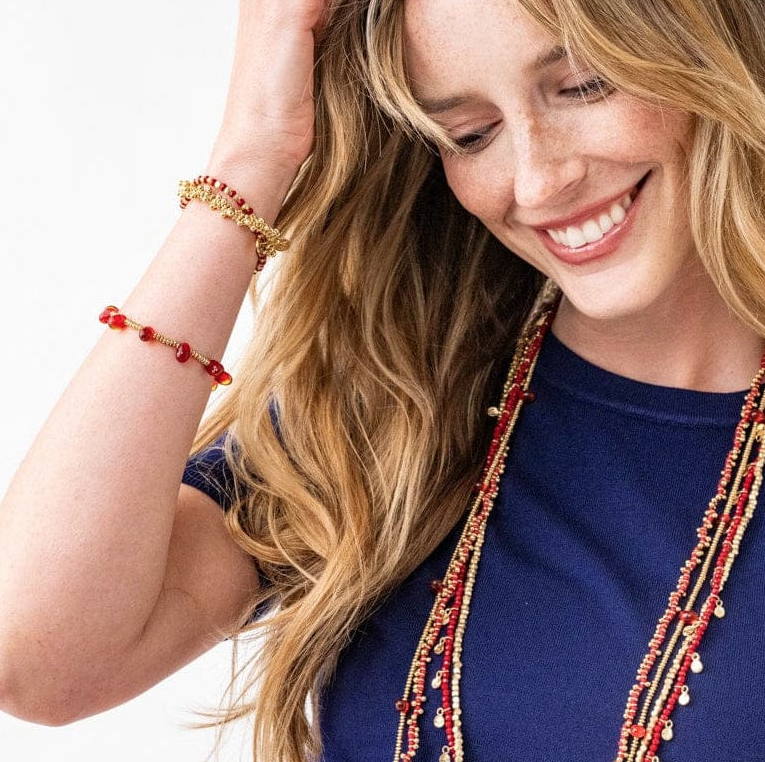 HOPE BRASS STRETCH BRACELET WITH GLASS BEADS AMBER