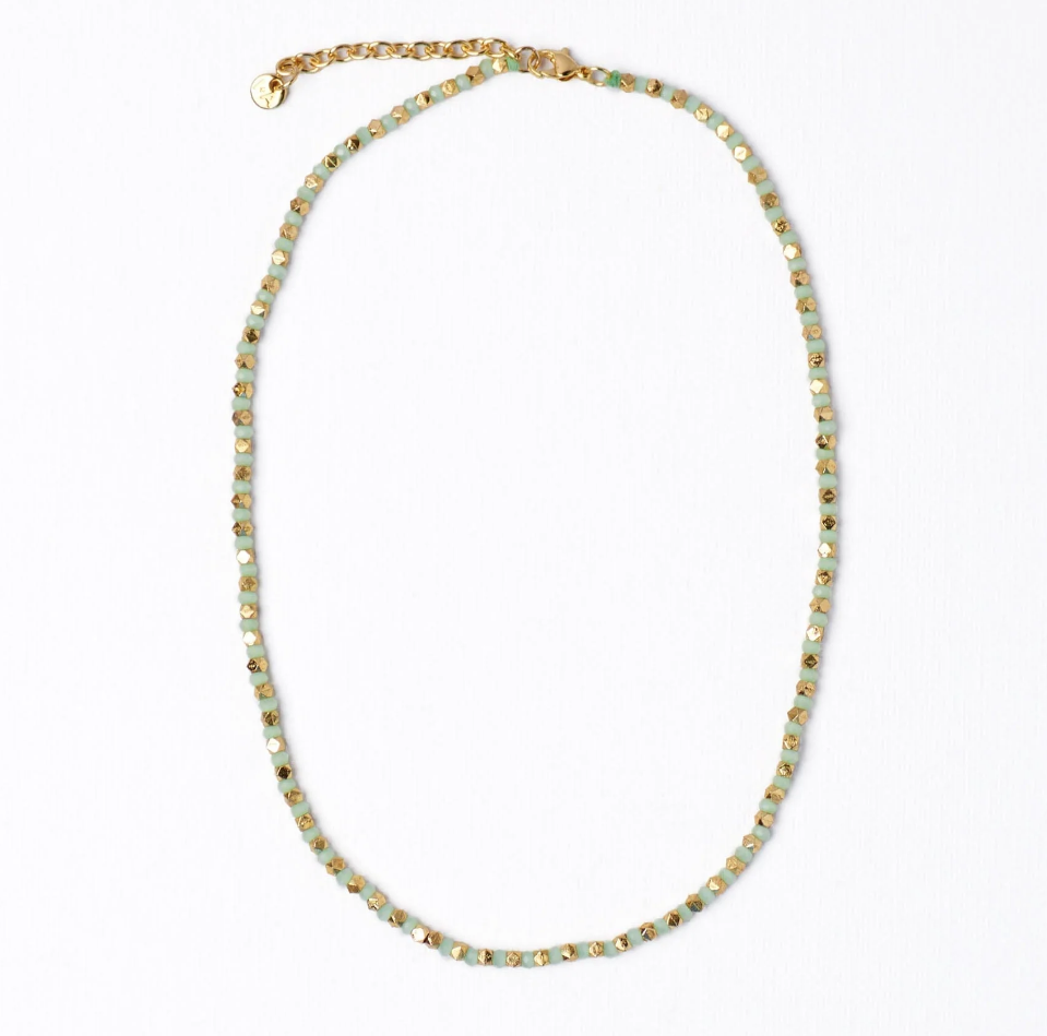 MAREN CRYSTAL NECKLACE WITH ALTERNATING BRASS BEADS MINT + GOLD