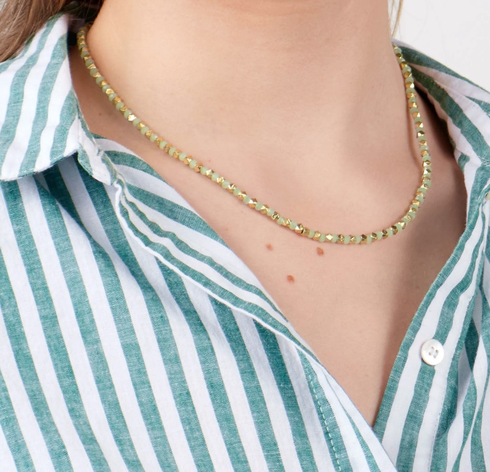 MAREN CRYSTAL NECKLACE WITH ALTERNATING BRASS BEADS MINT + GOLD