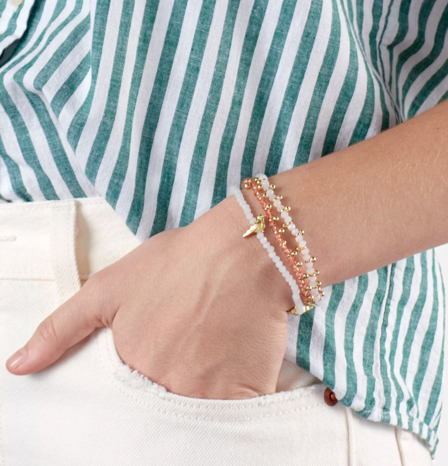 JANIE CRYSTAL STRETCH BRACELET WITH BRASS BIRD CHARMS WHITE