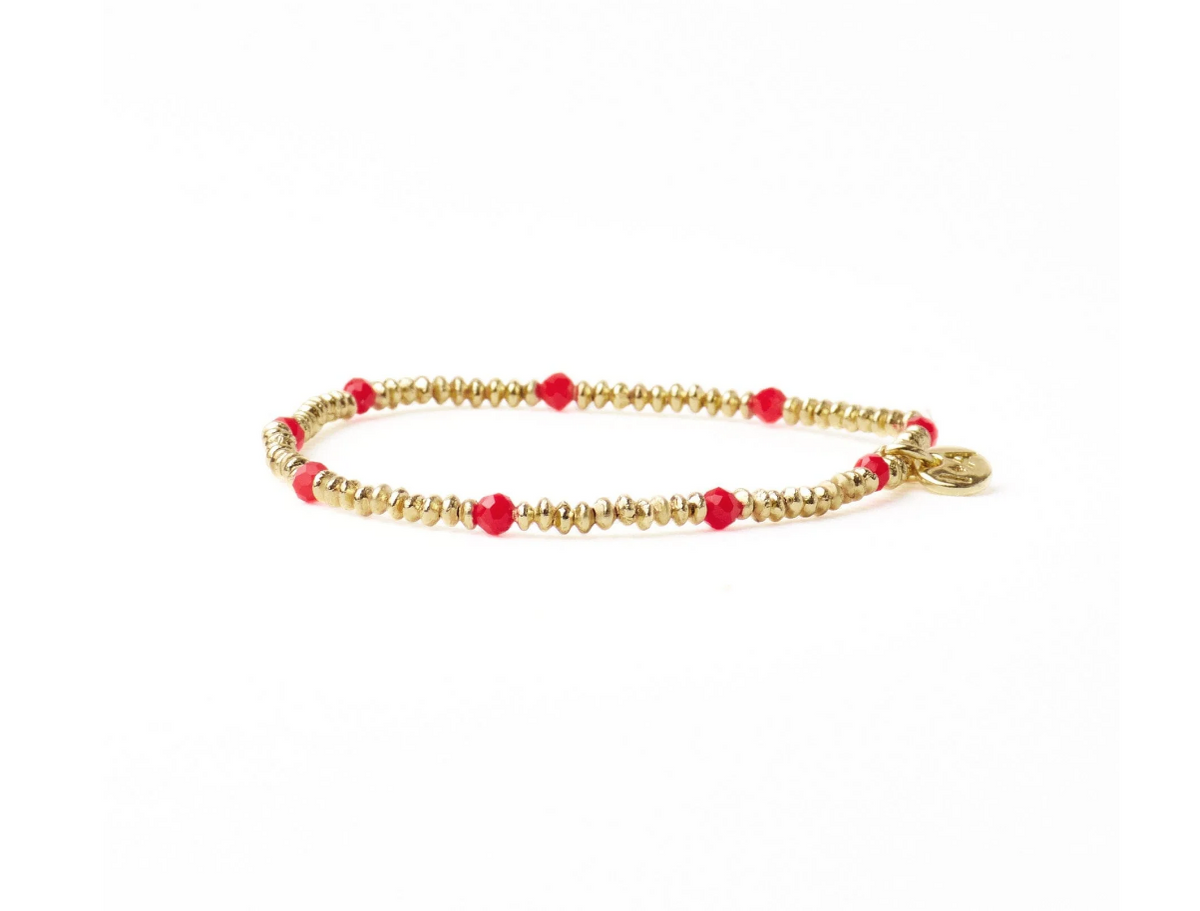 ASHLEY SMALL BRASS + CRYSTAL STRETCH BRACELET TOMATO + GOLD
