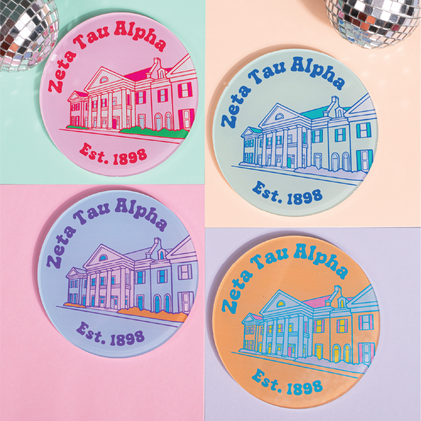 Sorority Acrylic Popart Coasters (Set of 4 - University of Alabama Houses)