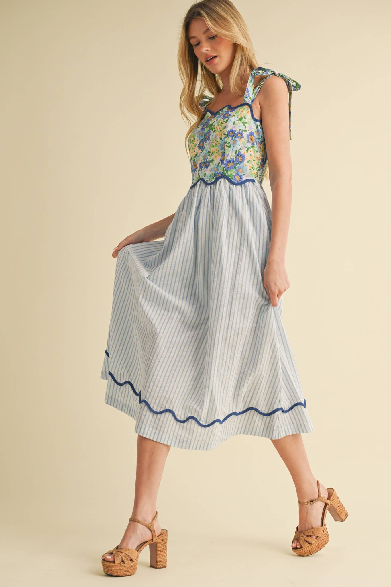 SCALLOPED MIXED PRINT MIDI DRESS