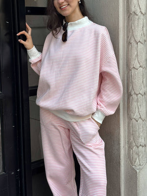 Light Pink and White Big Striped Mockneck Sweatshirt: Pink/White Big Stripes