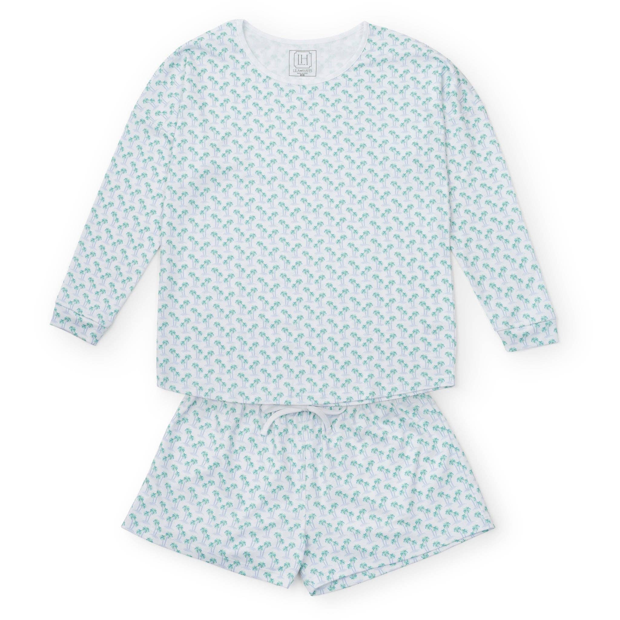 Anna Women's Longsleeve Top Short Set - Palm Tree Isle Blue