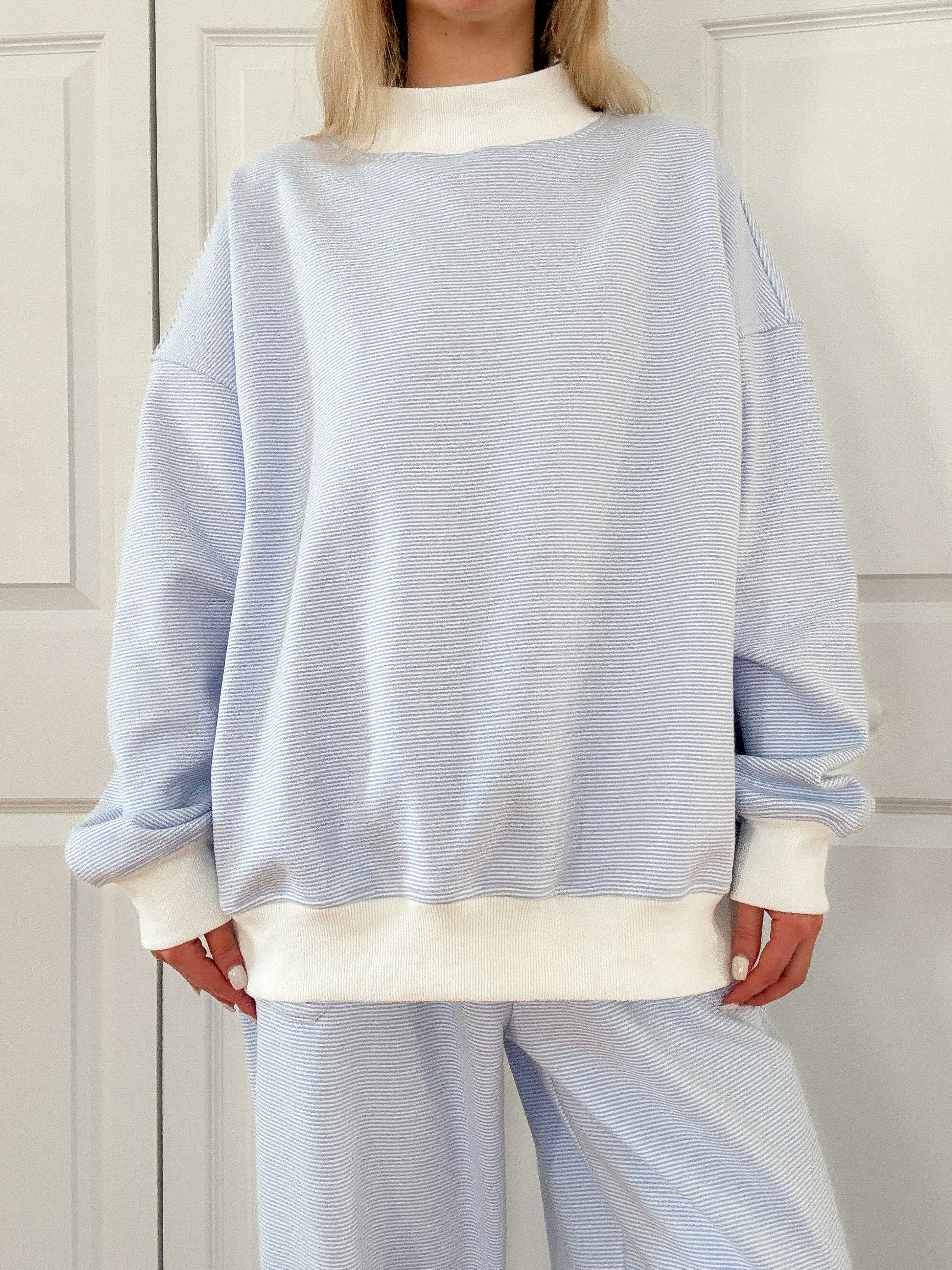 Blue and White Mini Striped Mockneck Sweatshirt: Blue/White Mini Stripes