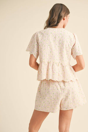 EMBROIDERED FLORAL GINGHAM TOP AND SHORTS SET