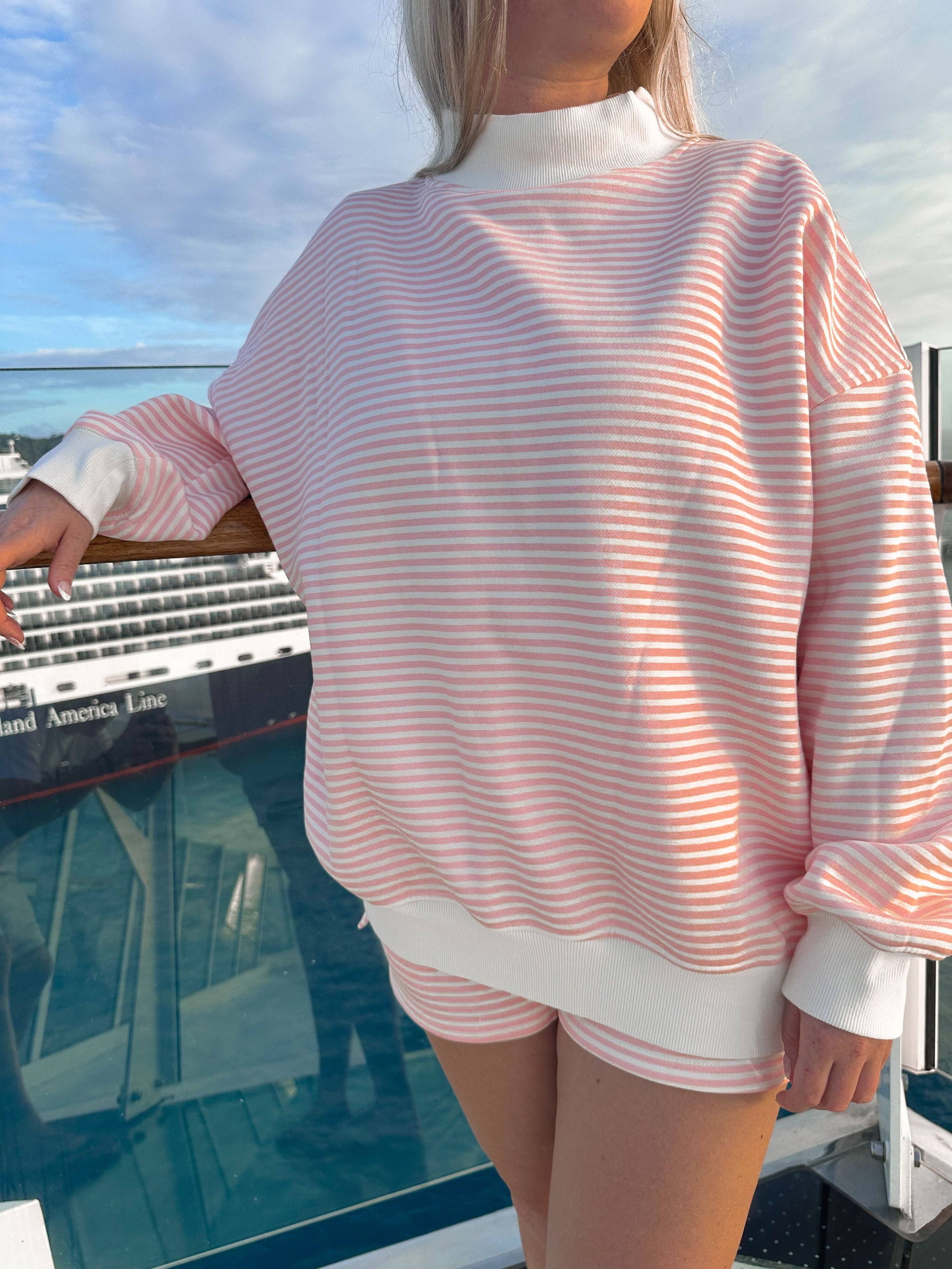 Light Pink and White Big Striped Mockneck Sweatshirt: Pink/White Big Stripes