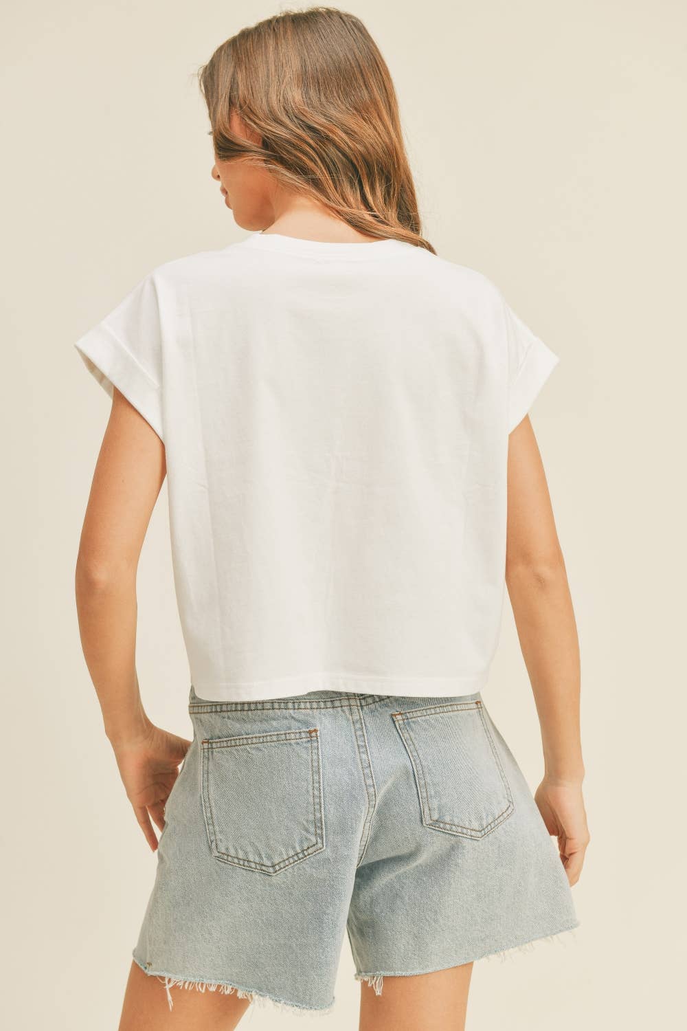 T2263 ROUND NECK CUFFED SLEEVE TOP: OFF WHITE / S