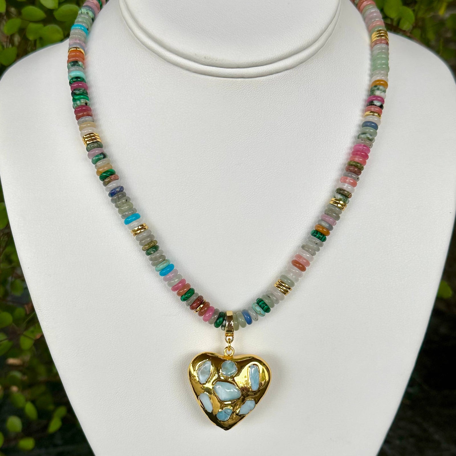 Multi Beaded + Heart Pendant Necklace