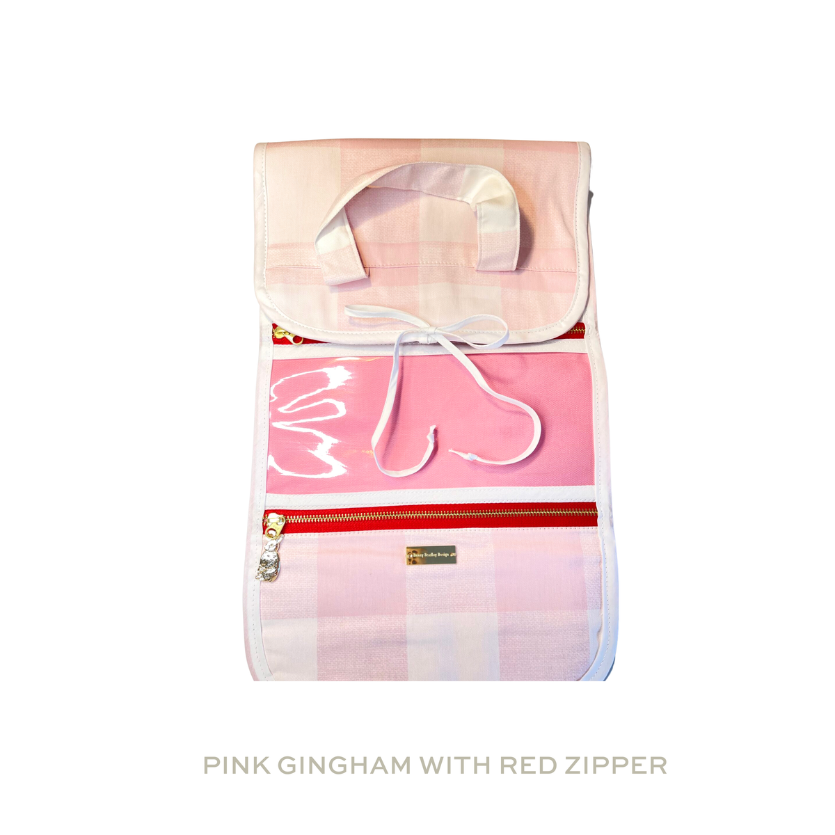 Jules Jewelry Roll: Pink Gingham with Red Zipper