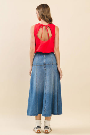 CS3812-High Waisted Paneled A Line Denim Midi Skirt: DENIM BLUE