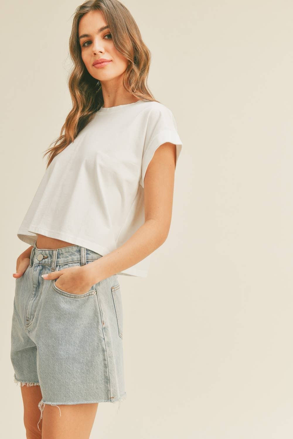 T2263 ROUND NECK CUFFED SLEEVE TOP: HEATHER GREY / L