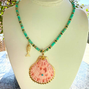 Turquoise Beaded Necklace + Coral Seashell Pendant