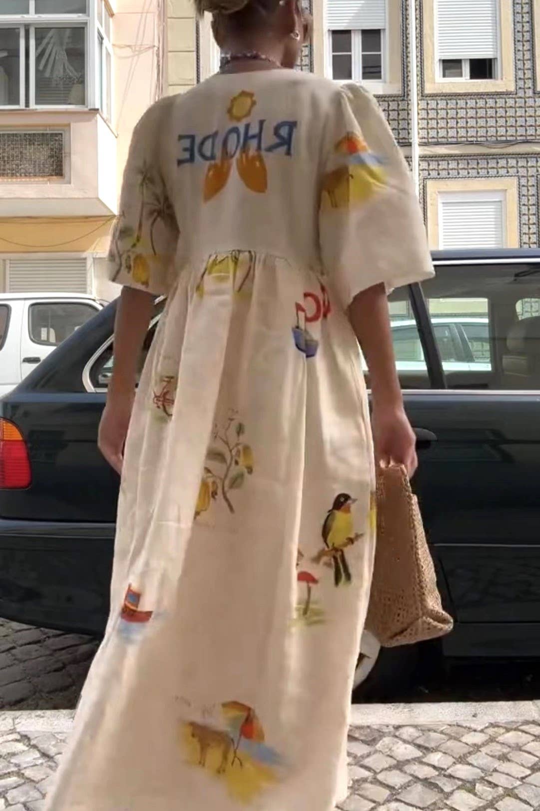 Fashion Print V-Neck Cute Loose Dress: Apricot / XL