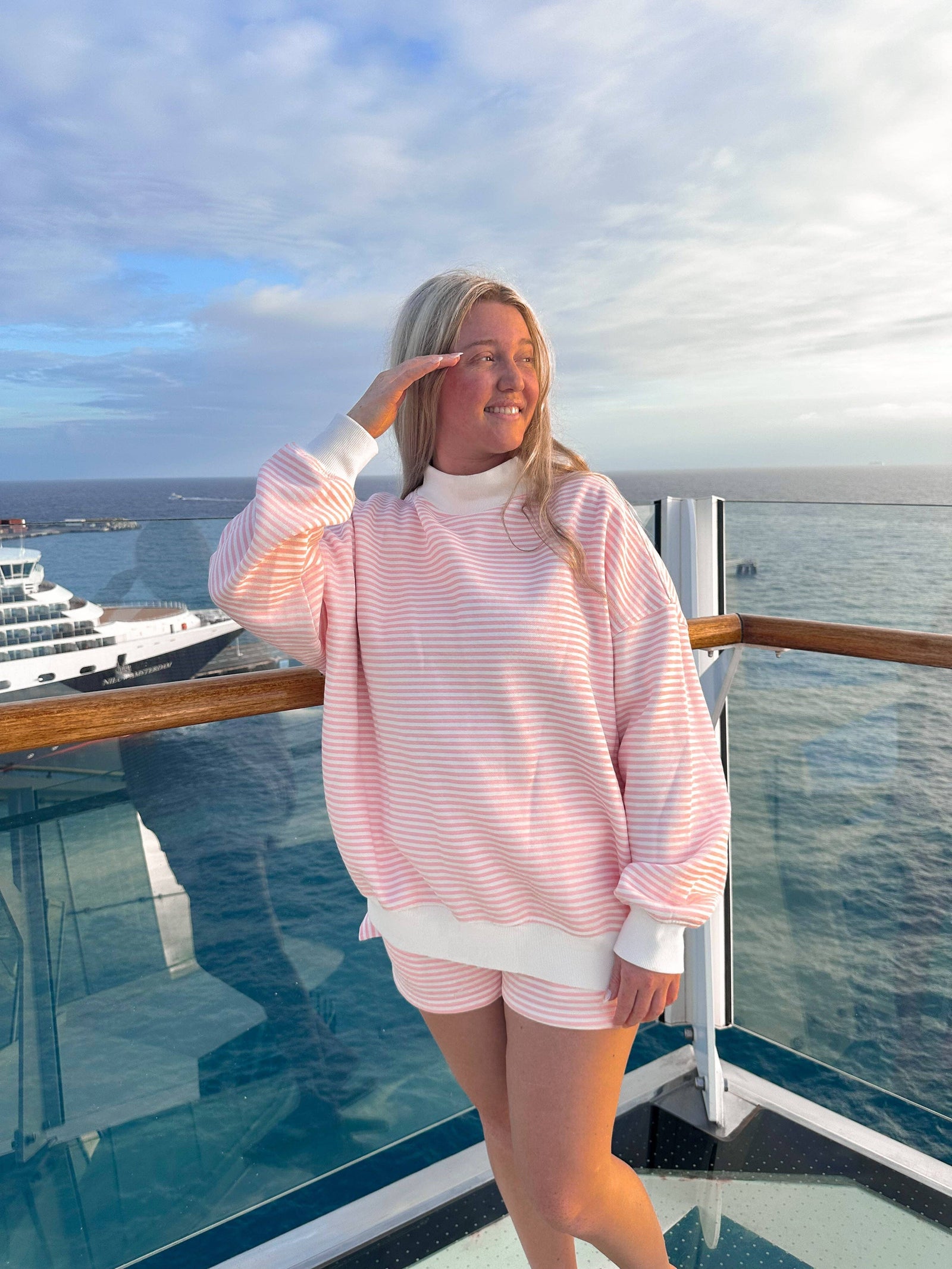 Light Pink and White Big Striped Mockneck Sweatshirt: Pink/White Big Stripes