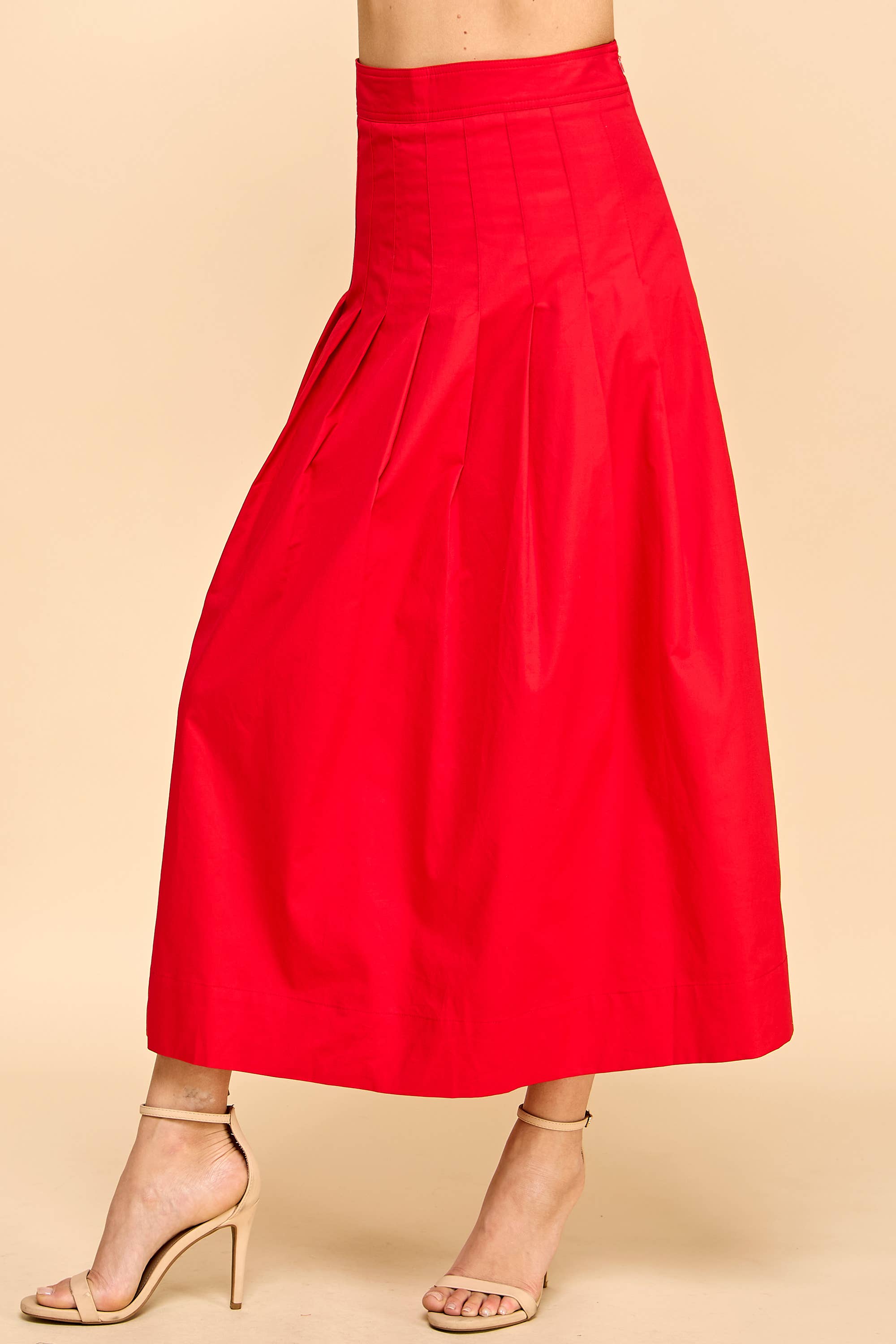 CS3801-Pleated Detail Wide Waistband Midi Skirt: Red / L
