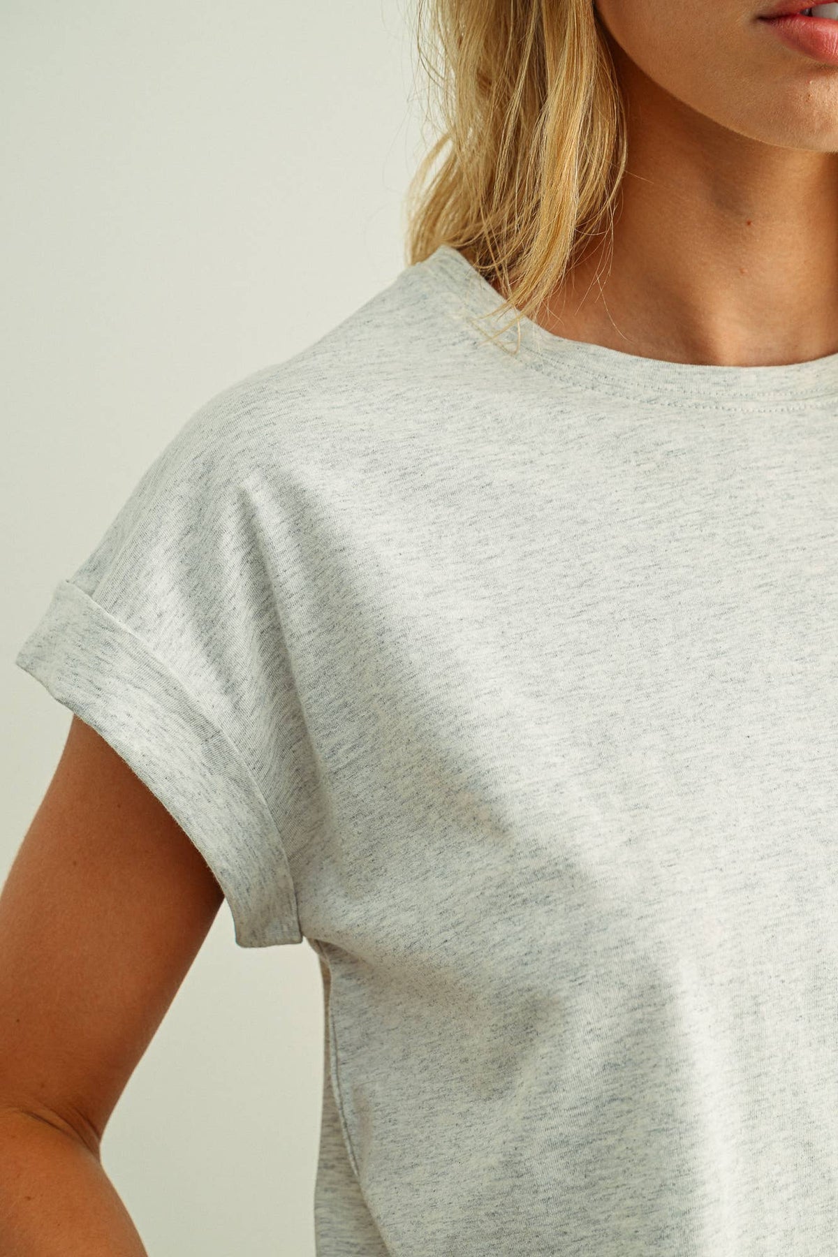 T2263 ROUND NECK CUFFED SLEEVE TOP: BLACK / M