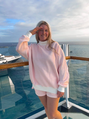 Light Pink and White Big Striped Mockneck Sweatshirt: Pink/White Big Stripes