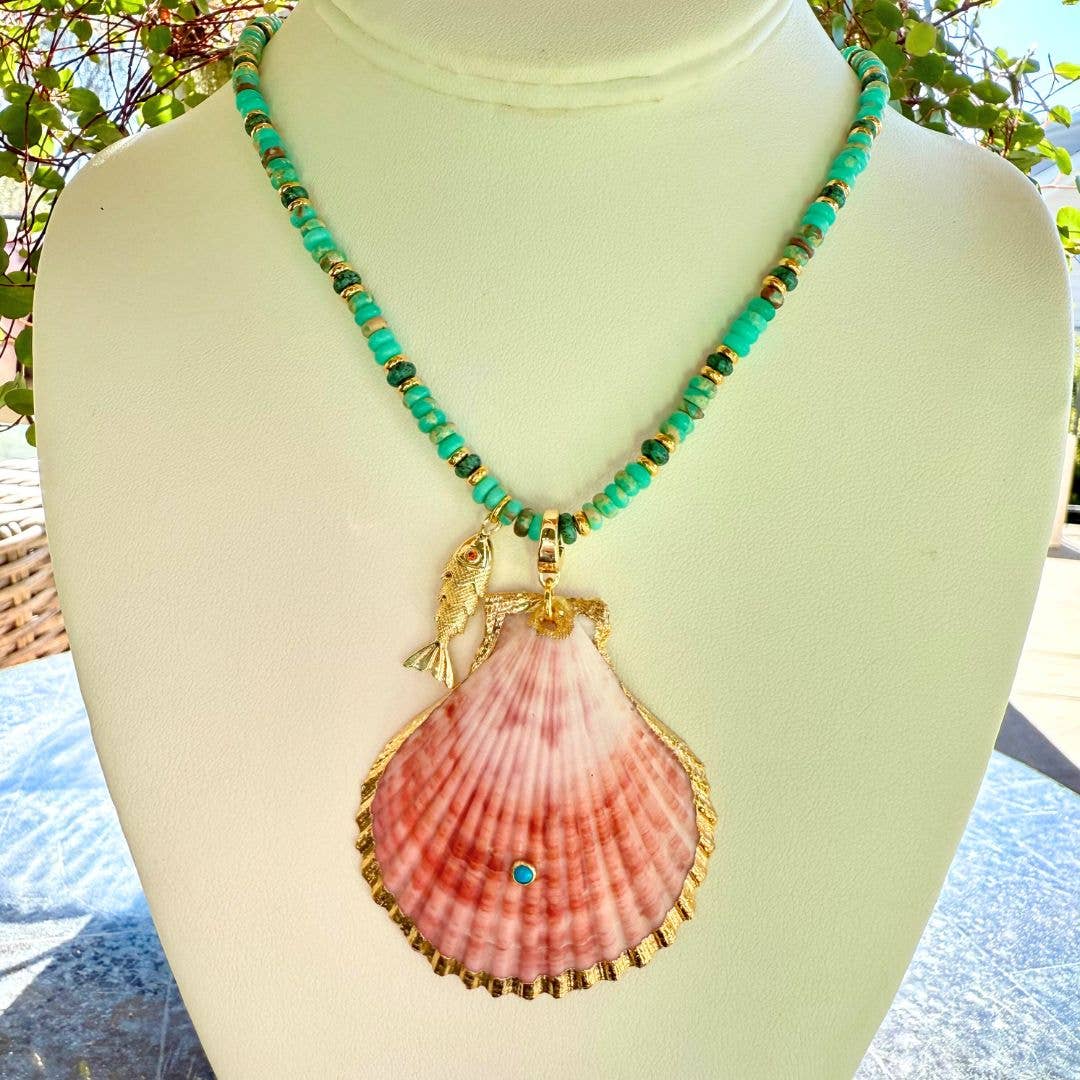 Turquoise Beaded Necklace + Coral Seashell Pendant