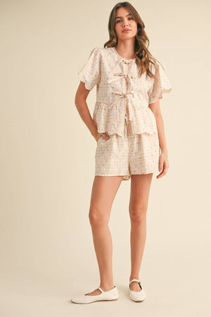 EMBROIDERED FLORAL GINGHAM TOP AND SHORTS SET