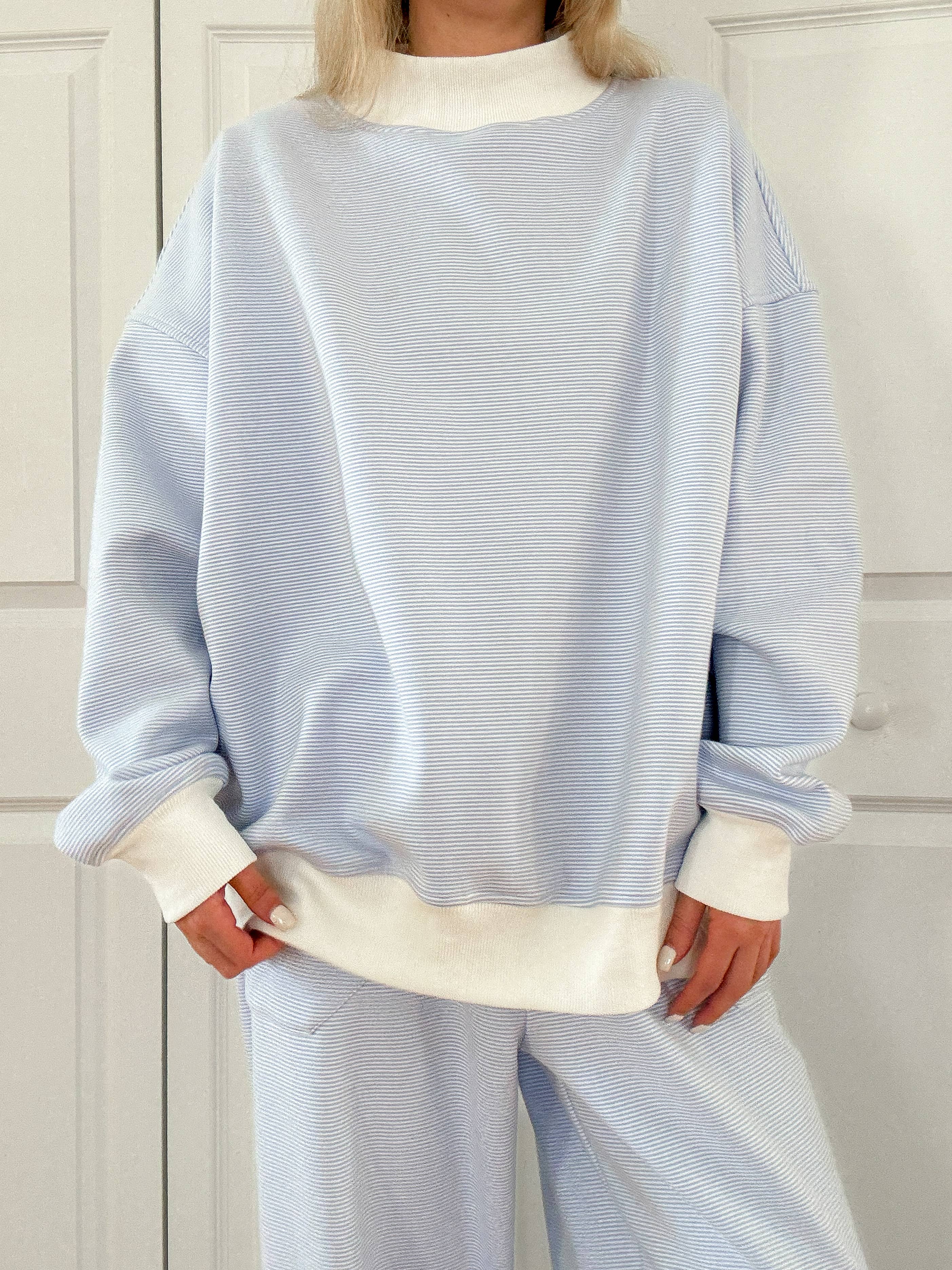 Blue and White Mini Striped Mockneck Sweatshirt: Blue/White Mini Stripes