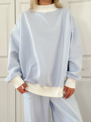 Blue and White Mini Striped Mockneck Sweatshirt: Blue/White Mini Stripes