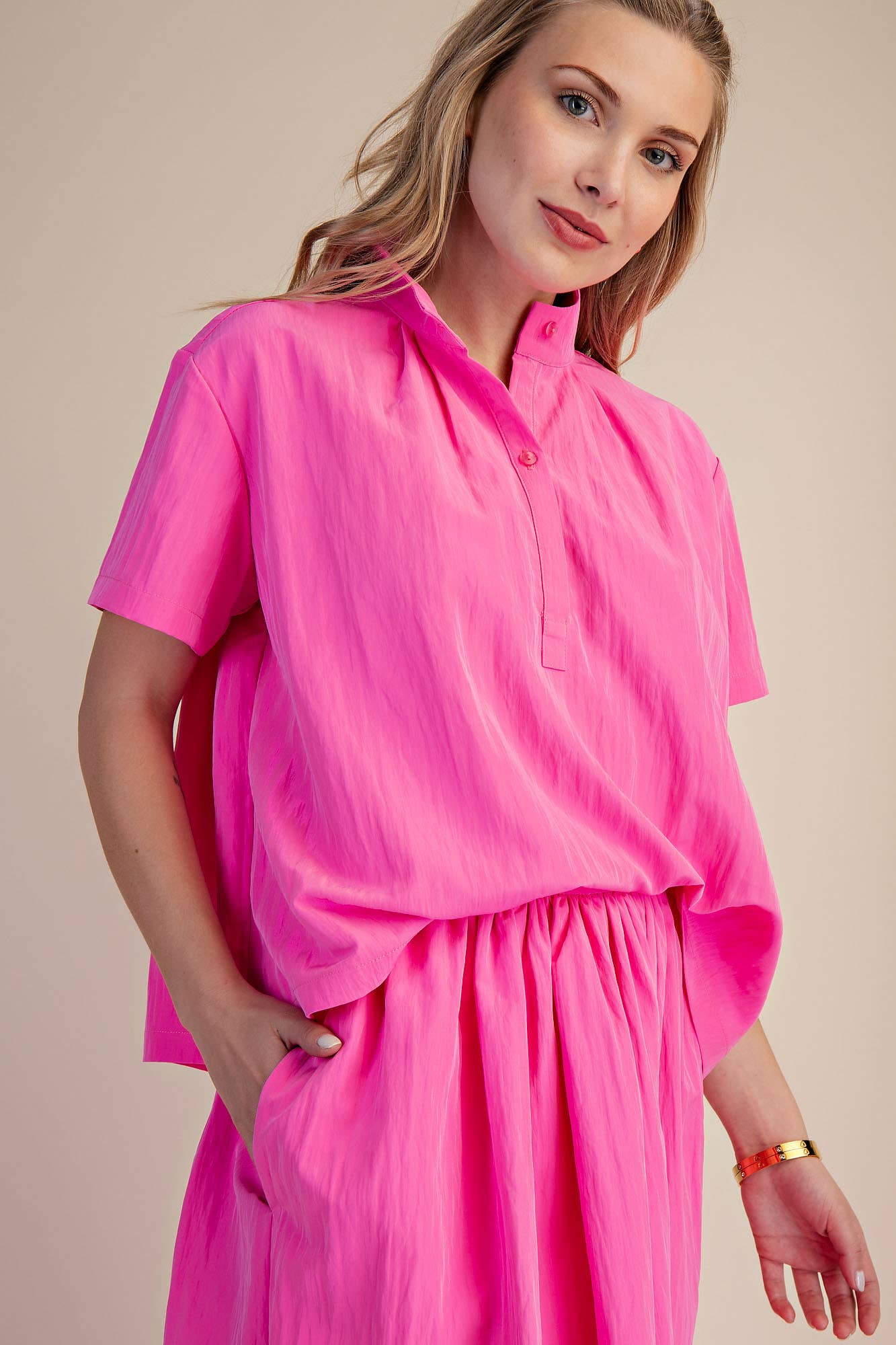 Stand Collar Short Sleeves Shirt: Pink