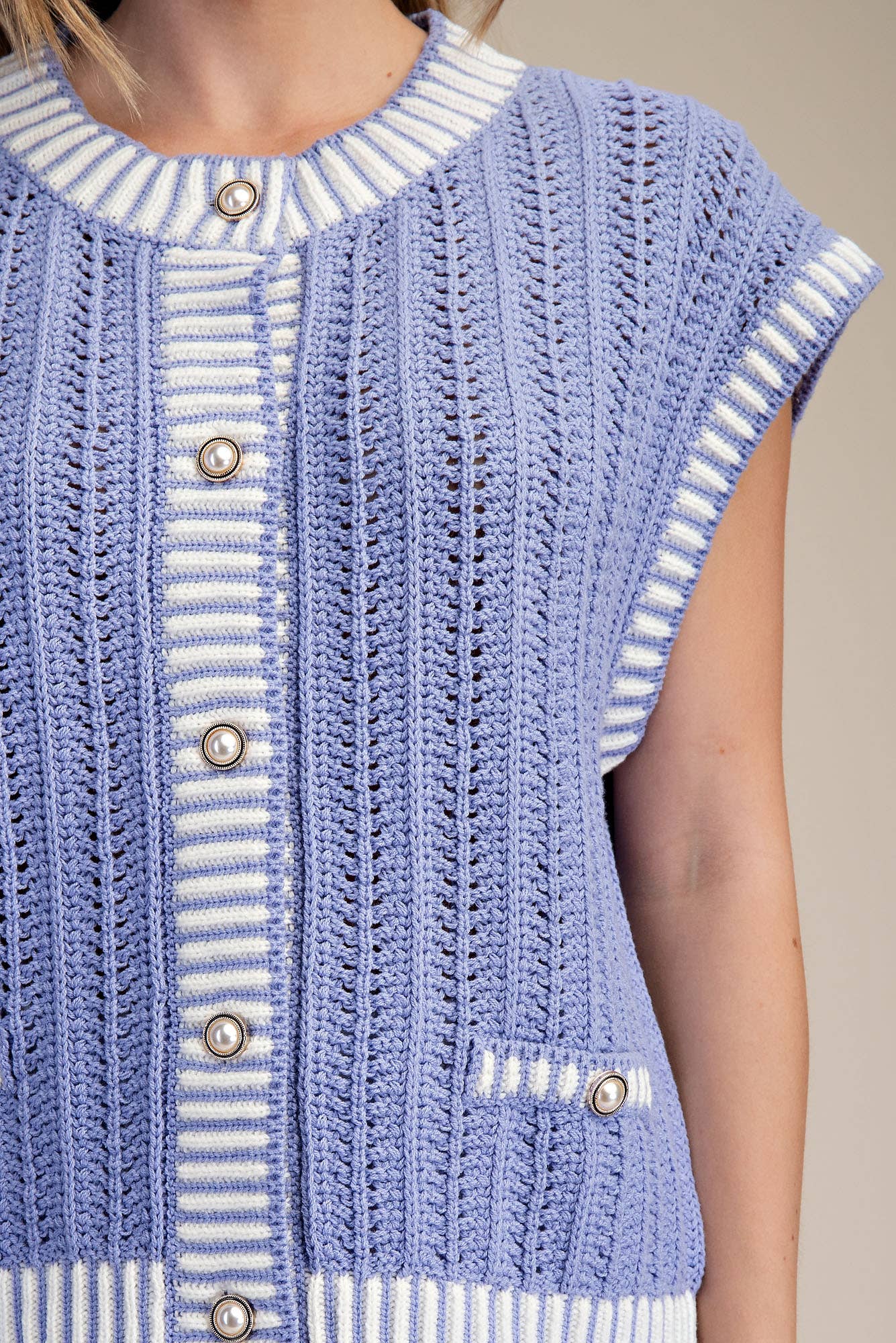 Round Neck Sleeveless Button Down Stripe Vest Sweater: Lavender