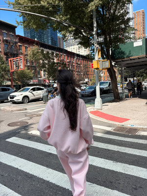 Light Pink and White Big Striped Mockneck Sweatshirt: Pink/White Big Stripes