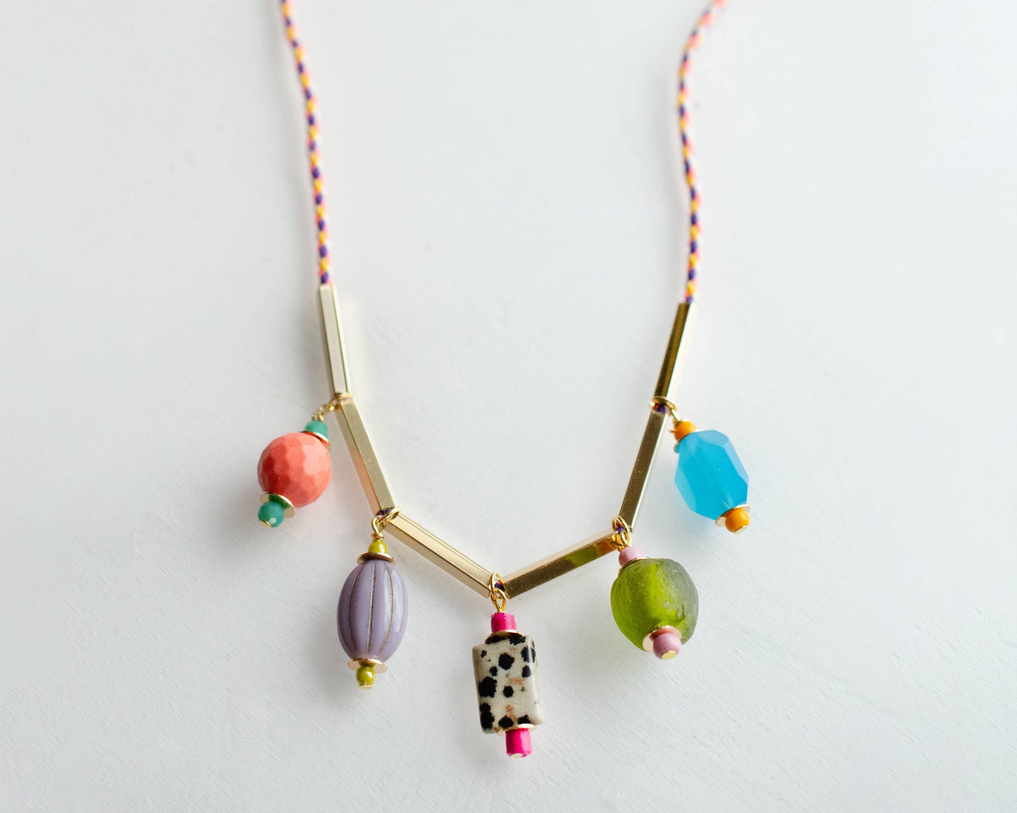 Colorful Gemstone Charm and Rope Necklace