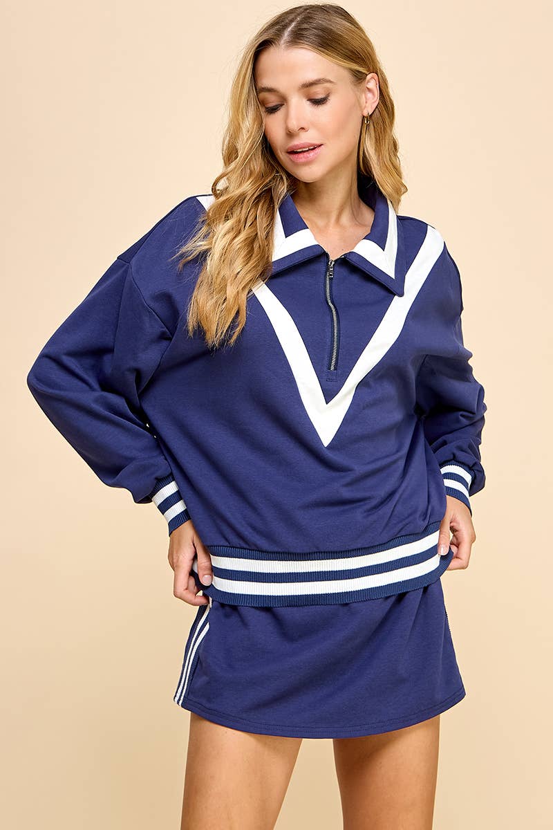 CT8927-Striped Detail Quarter Zip Sweater: NAVY / L