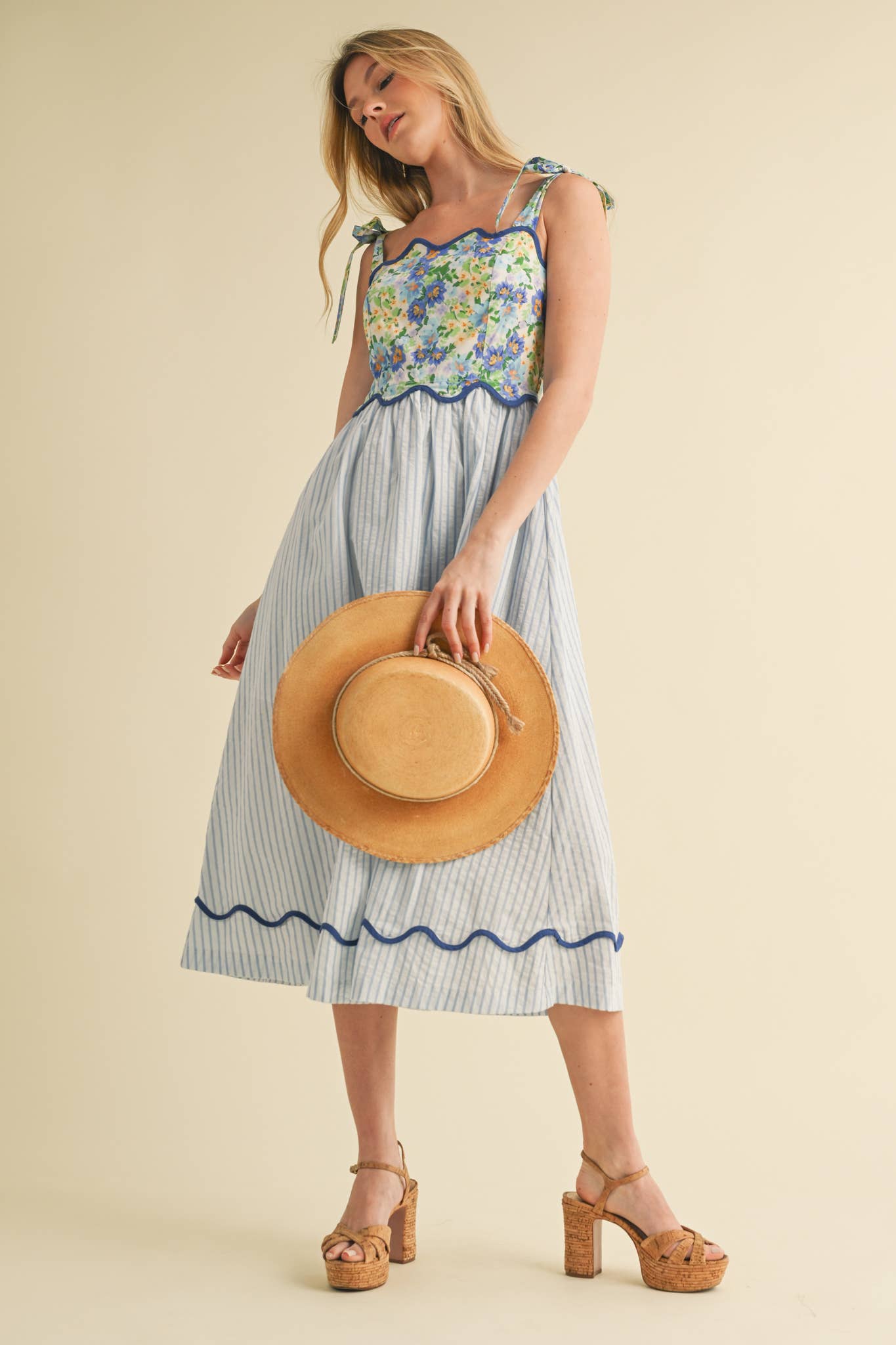 SCALLOPED MIXED PRINT MIDI DRESS