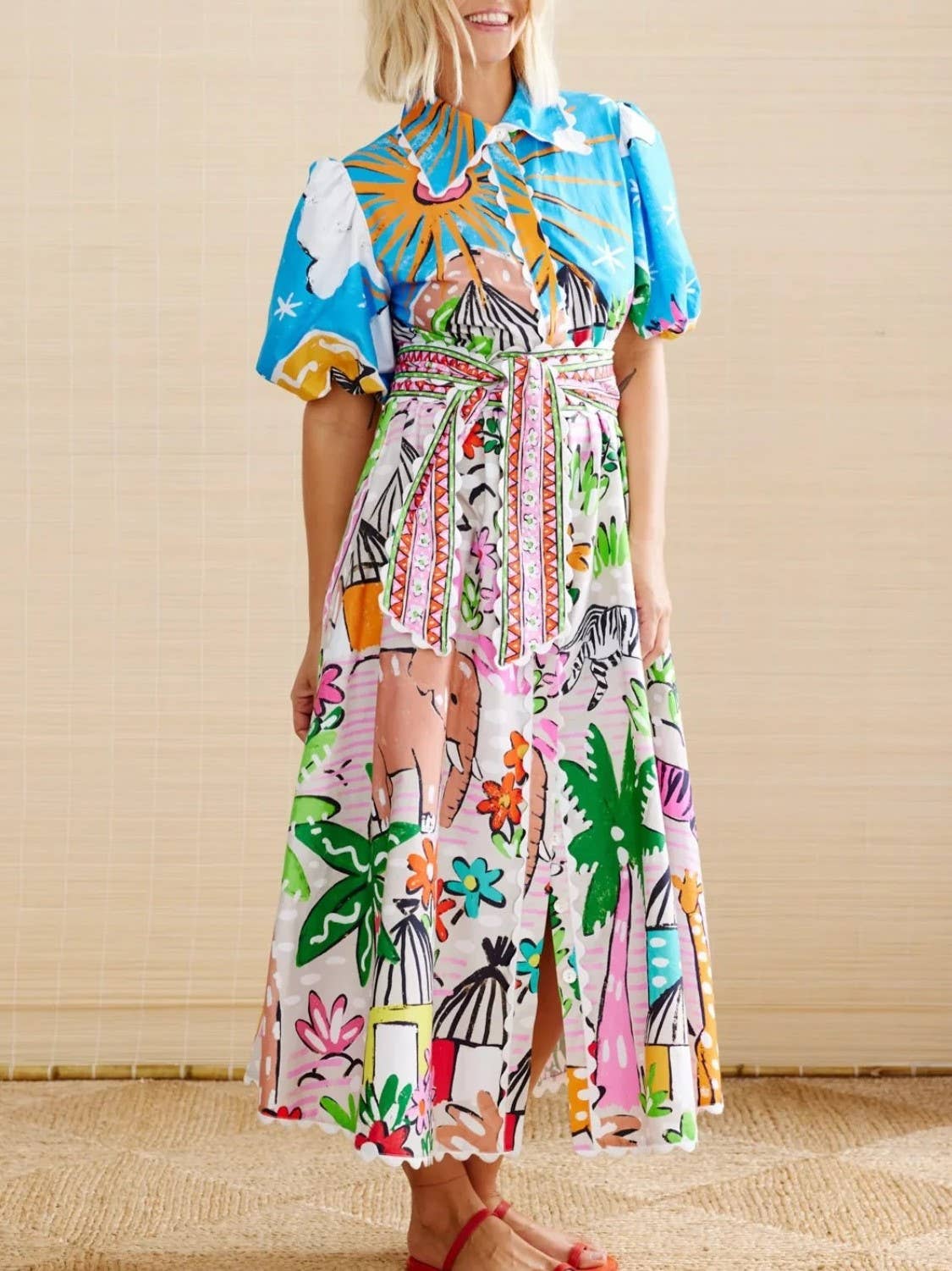 Lace Trim Animal Unique Print Short Sleeve Shirt Dress: Decor / M