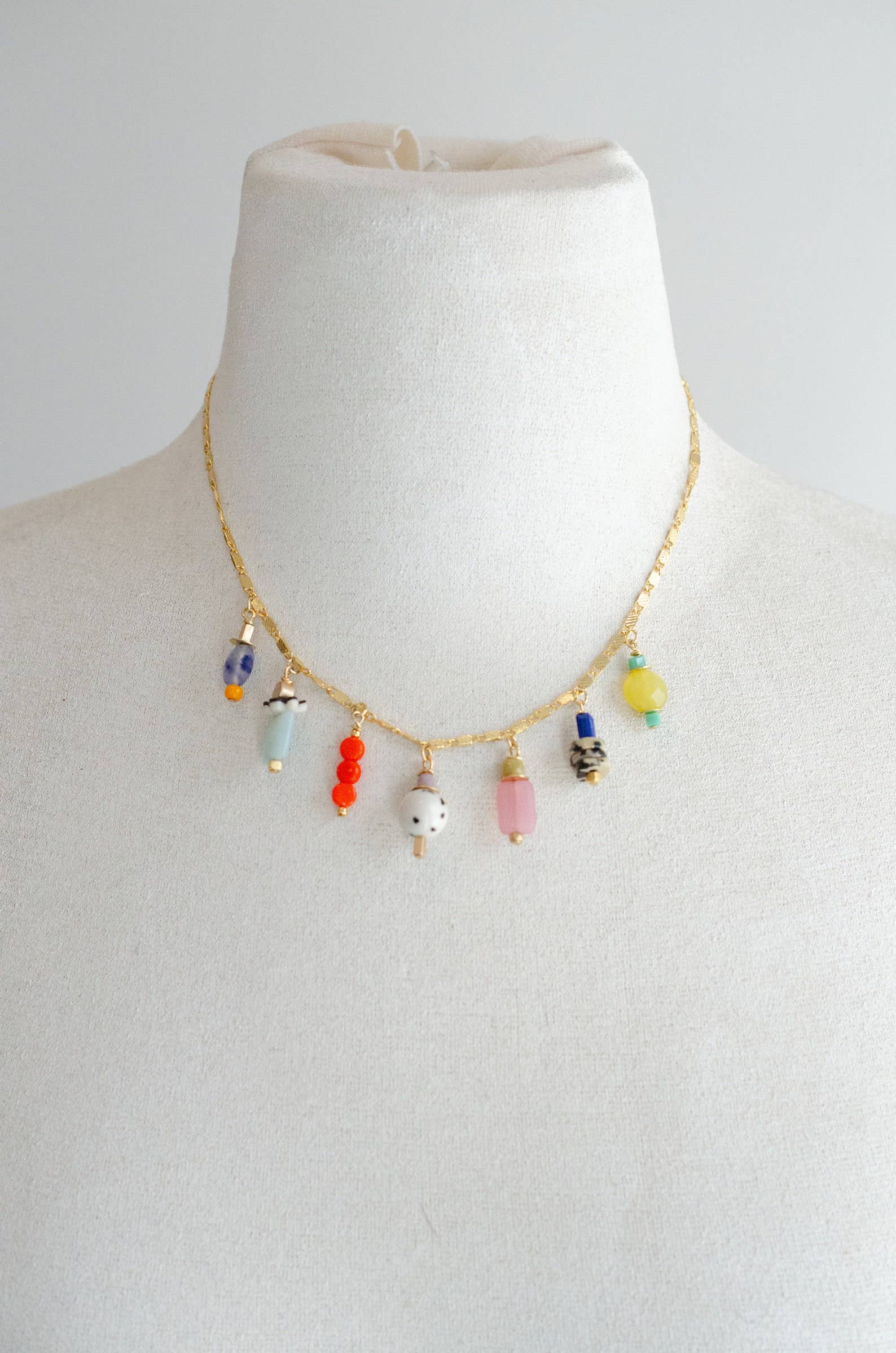 Colorful Beaded Charm Necklace: Jewel Tone