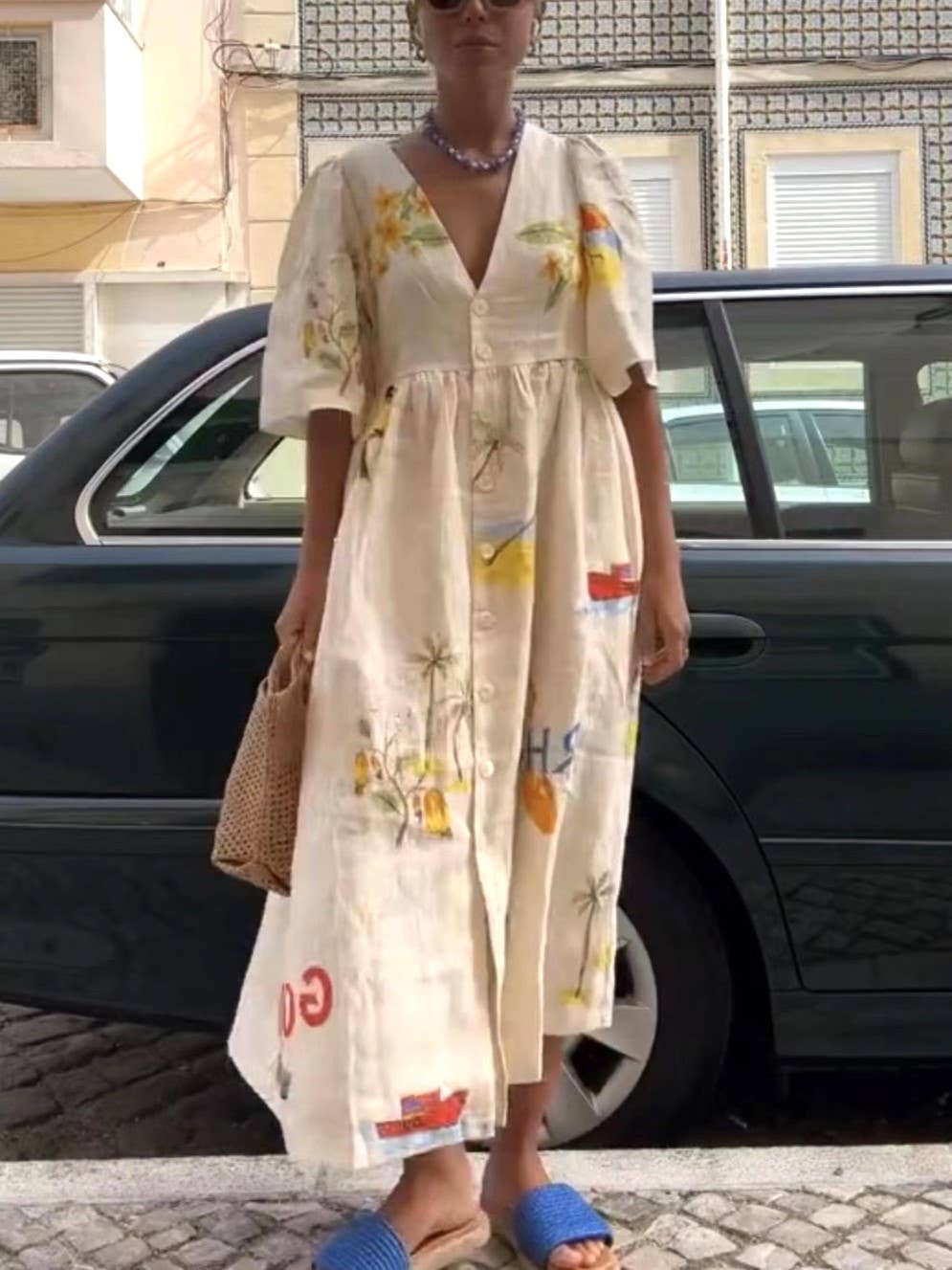 Fashion Print V-Neck Cute Loose Dress: Apricot / L