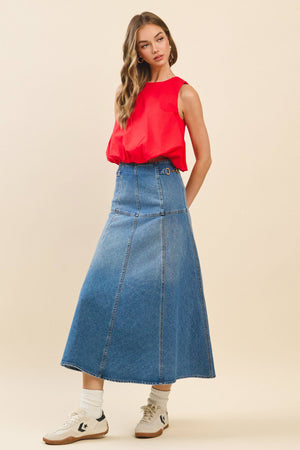 CS3812-High Waisted Paneled A Line Denim Midi Skirt: DENIM BLUE
