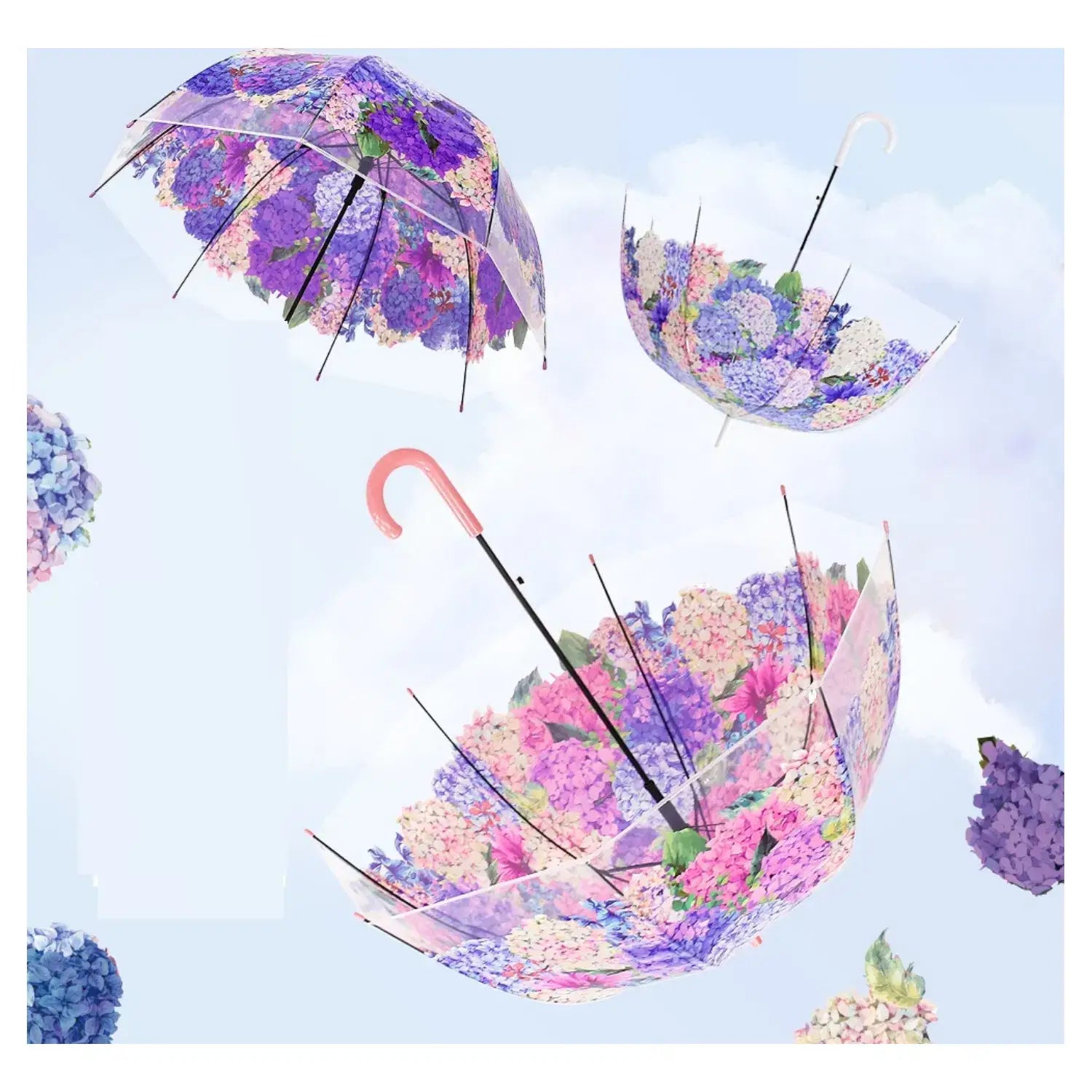 Ladies Spring Flower Dome Shape Plastic Long Stick  Umbrella: White