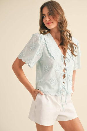 TIE FRONT COLLARED LACE TOP