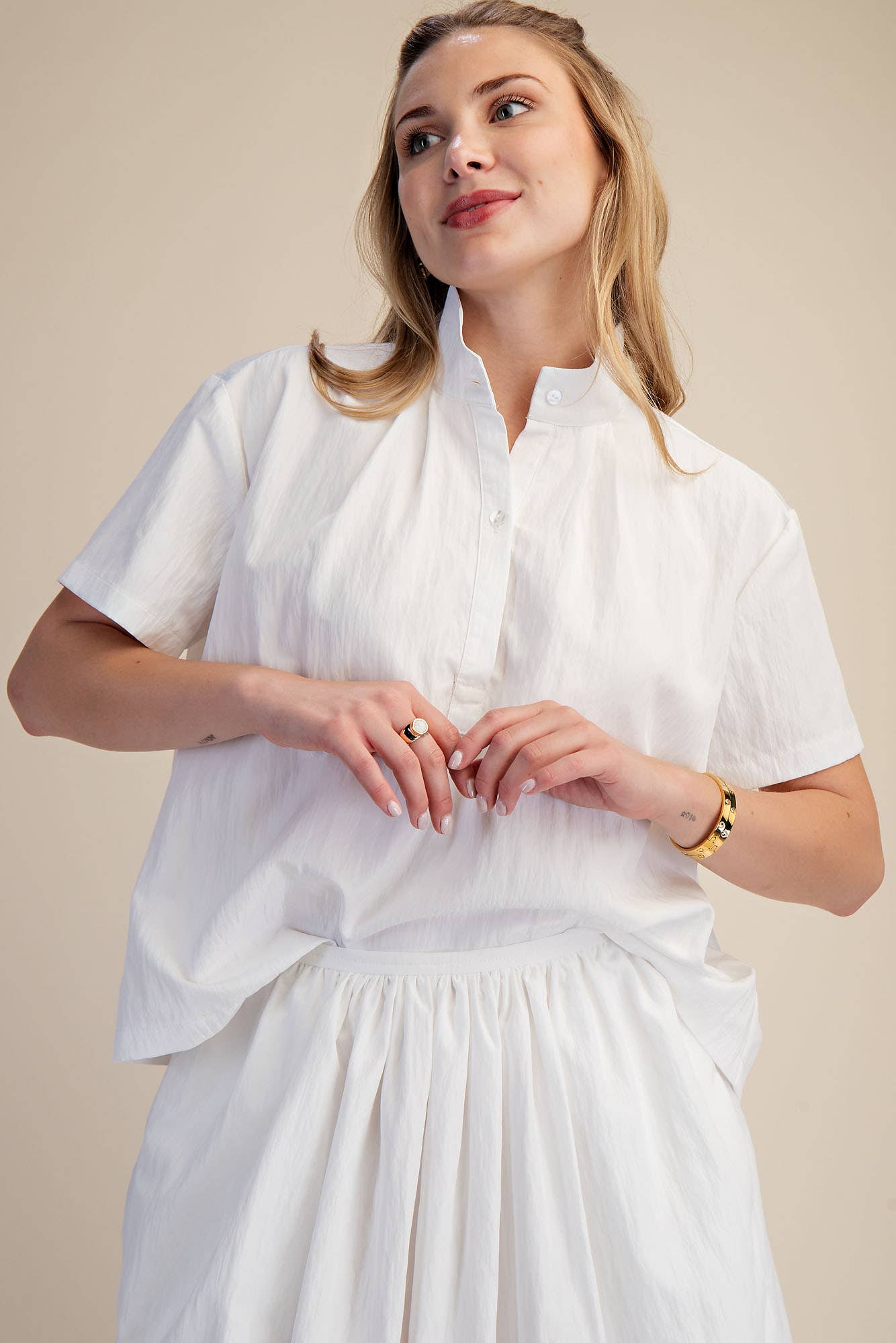 Stand Collar Short Sleeves Shirt: White