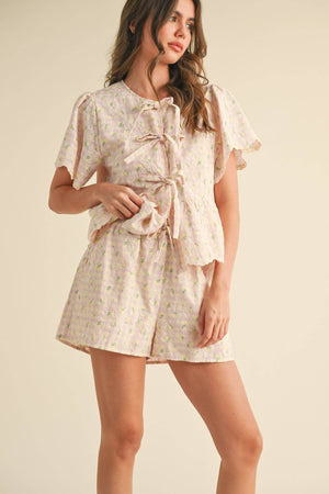EMBROIDERED FLORAL GINGHAM TOP AND SHORTS SET